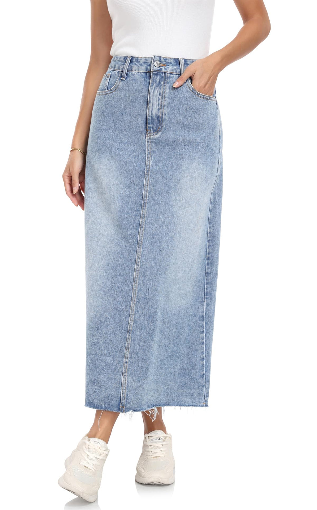 MISS MOLY Women's Jean Skirt Stretch High Waisted Frayed Raw Hem A Line Denim Midi Skirt with Pockets