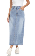 MISS MOLY Women's Jean Skirt Stretch High Waisted Frayed Raw Hem A Line Denim Midi Skirt with Pockets
