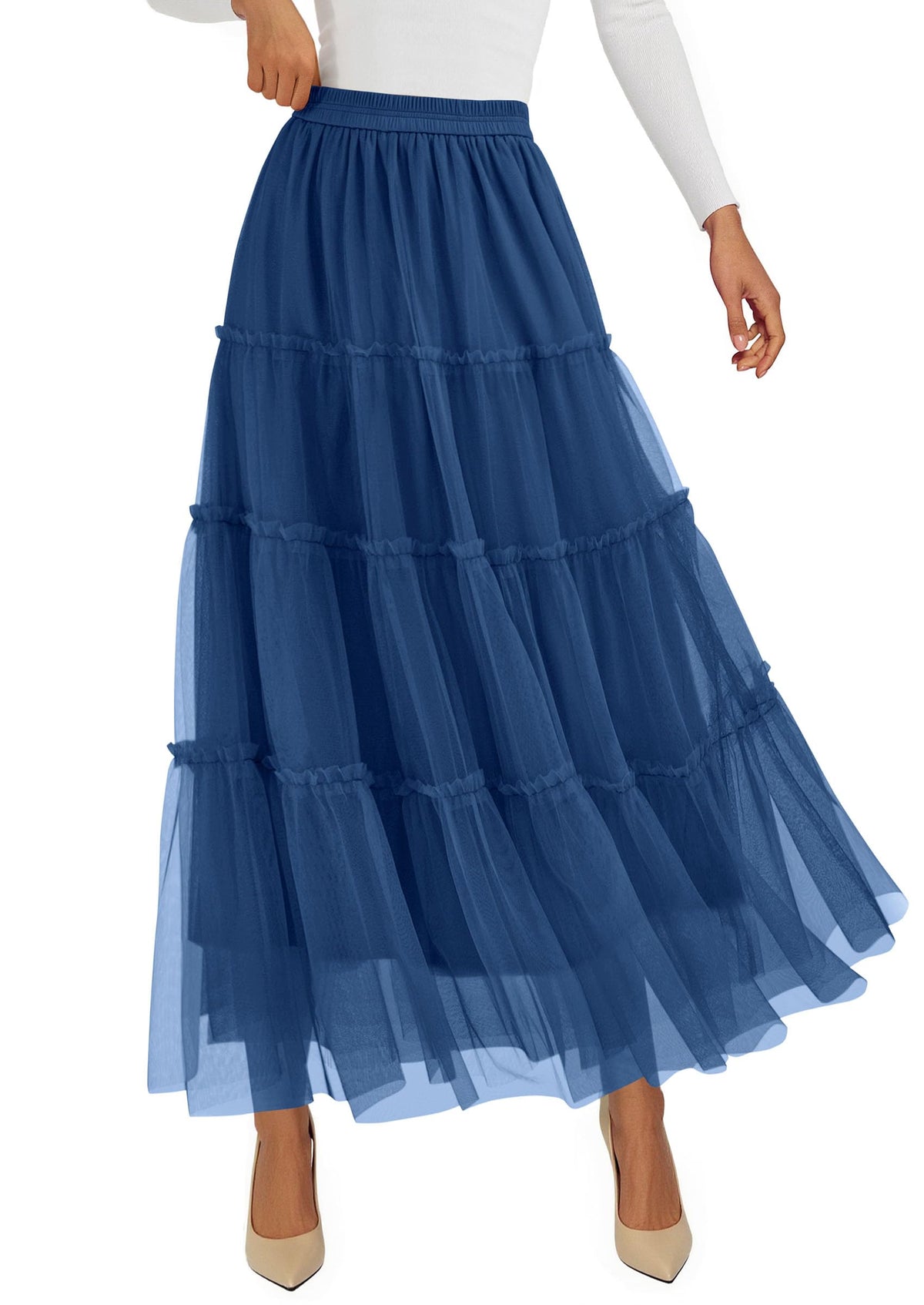 PRETTYGARDEN Women's Fall Soft Tulle Tiered Long Skirt
