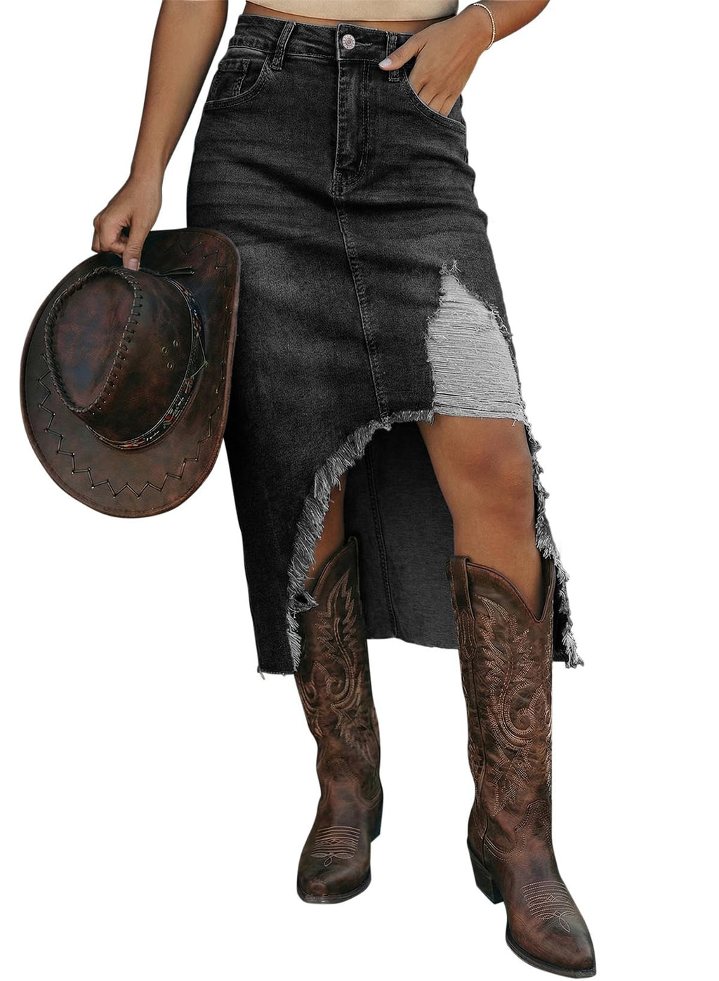 Dokotoo High Waisted Denim Skirt for Women Distressed Summer Button Front Ripped Midi Jean Skirt