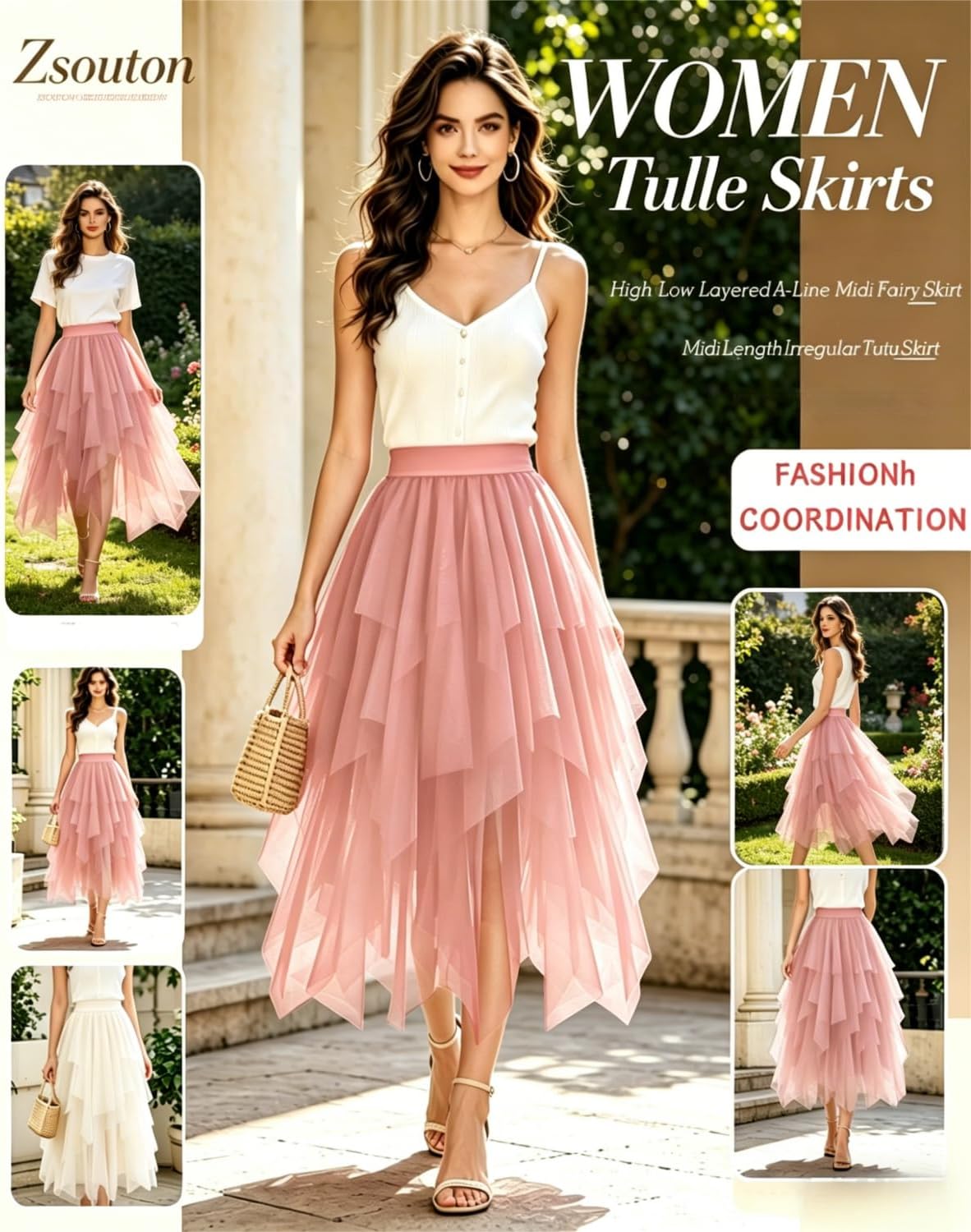 Women's Tulle Skirt High Low Layered A-Line Midi Fairy Skirt - Midi Length Irregular Tutu Skirt for Party 80s Outfit