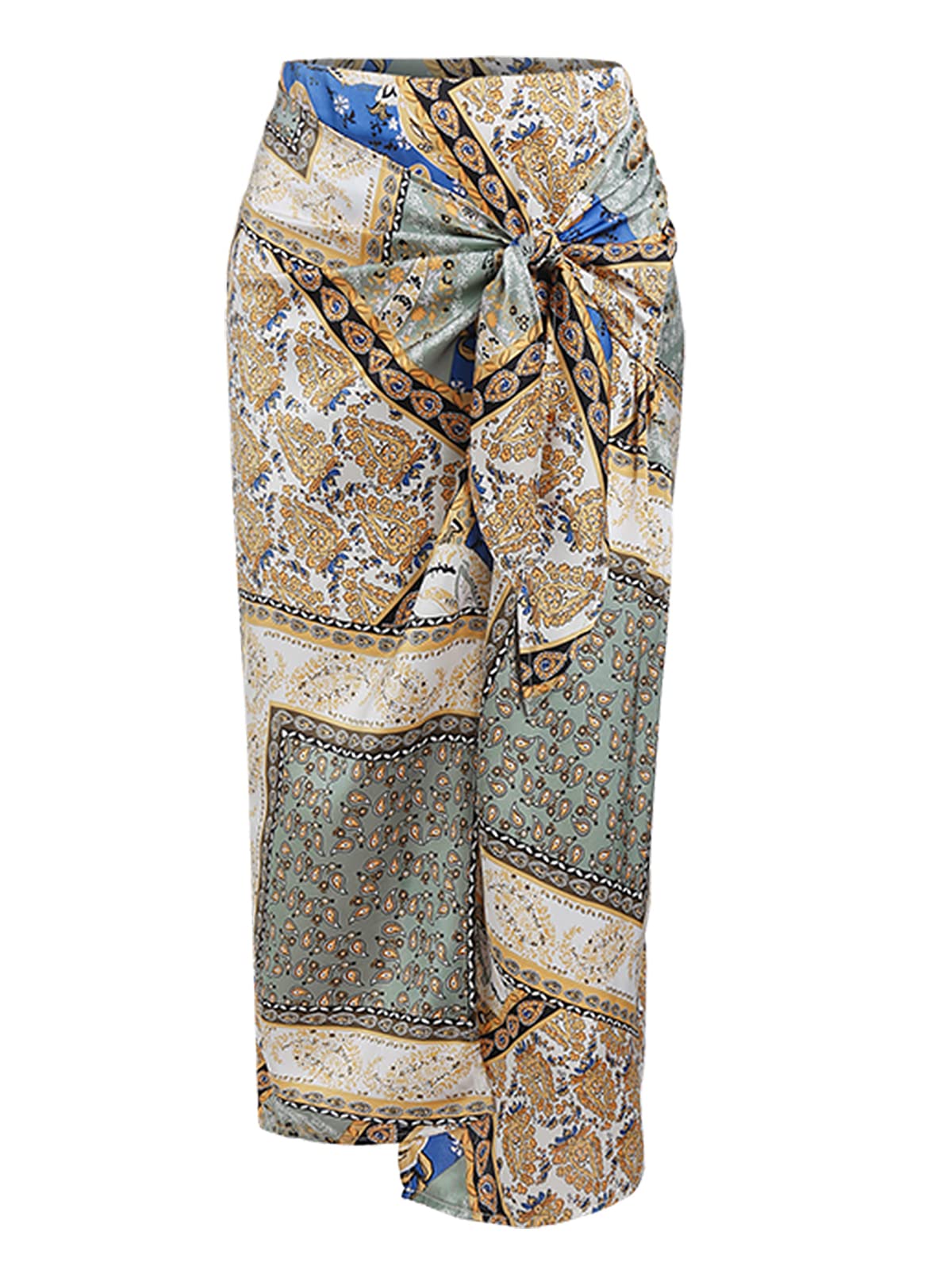 ZAFUL Women's Boho Skirt Asymmetrical Skirts Tied Floral Paisley Printed High Waist Ruched Skirts for Women