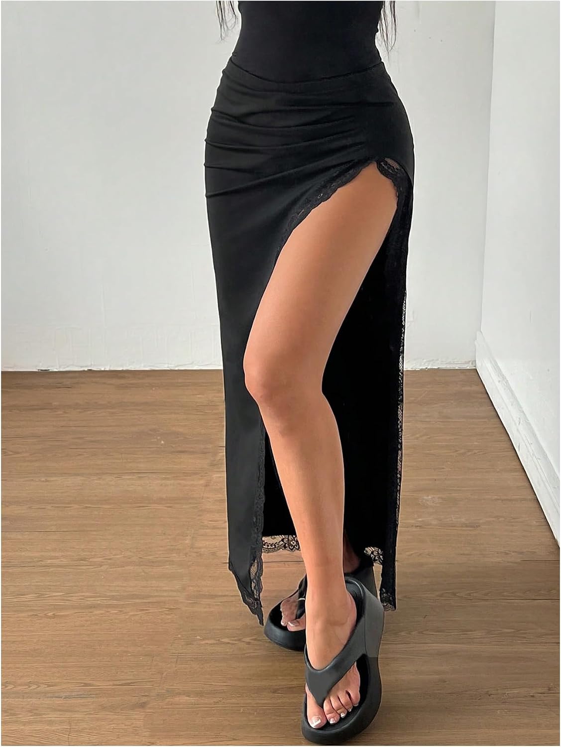 SHENHE Women's Low Rise Wrap High Slit Lace Maxi Skirt with Lining