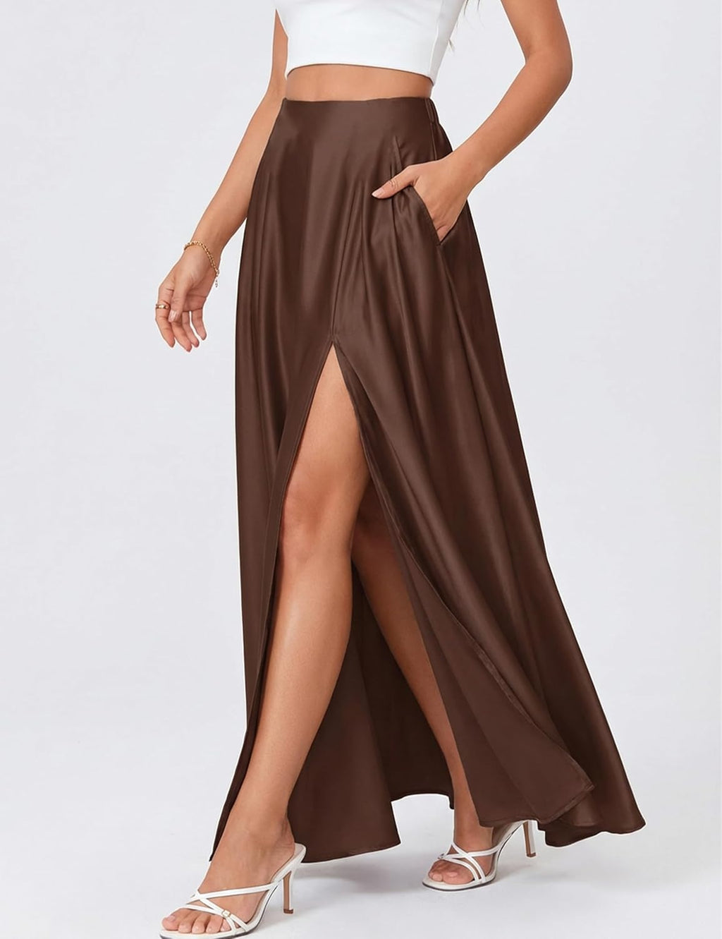 MAKABO Maxi Satin Skirts for Womens High-Waisted Side Slit with Pockets A-Line Long Skirts for Casual Daily Party