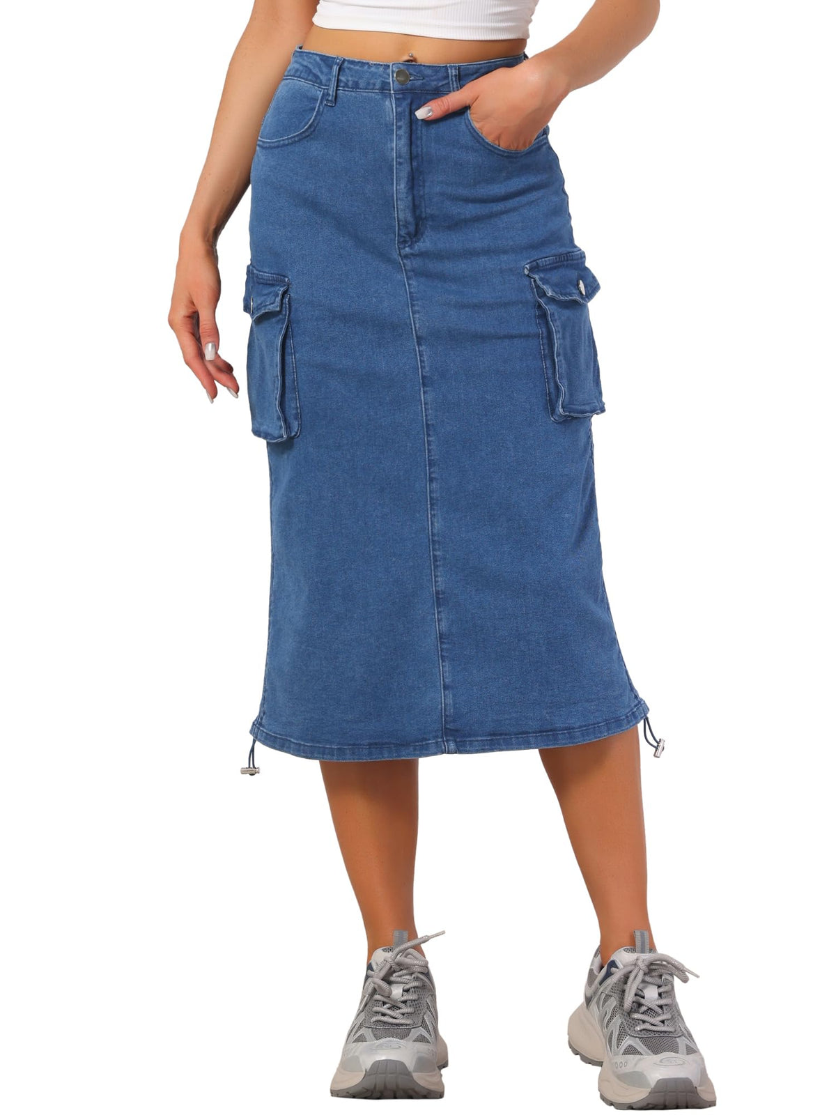 Allegra K Women's Cargo Midi Denim Skirt