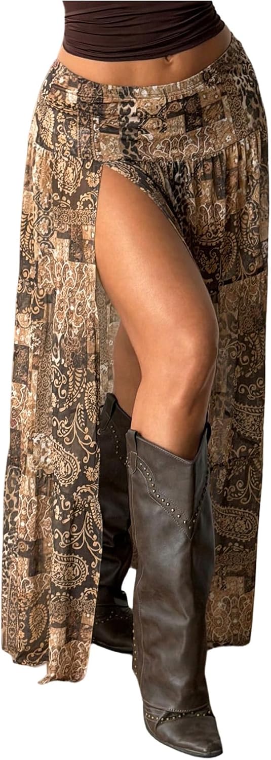 BEAUDRM Women's Paisley Maxi Skirt Western Boho High Slit Flowy Going Out Skirts