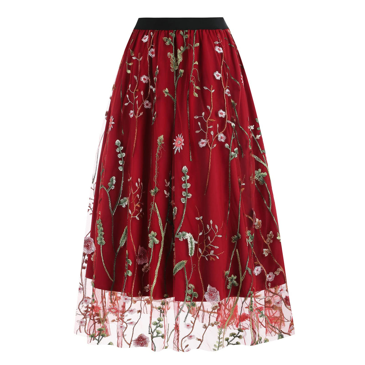 Women Vintage Floral Embroidered Tulle Midi Skirt 50s Party Elastic High Waist A-line Swing Skirts