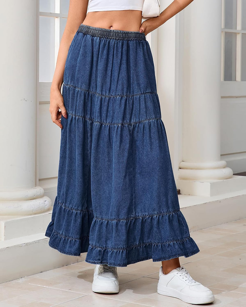 Women's Denim Maxi Skirt Tiered Ruffle Swing Jean Skirts with Pockets