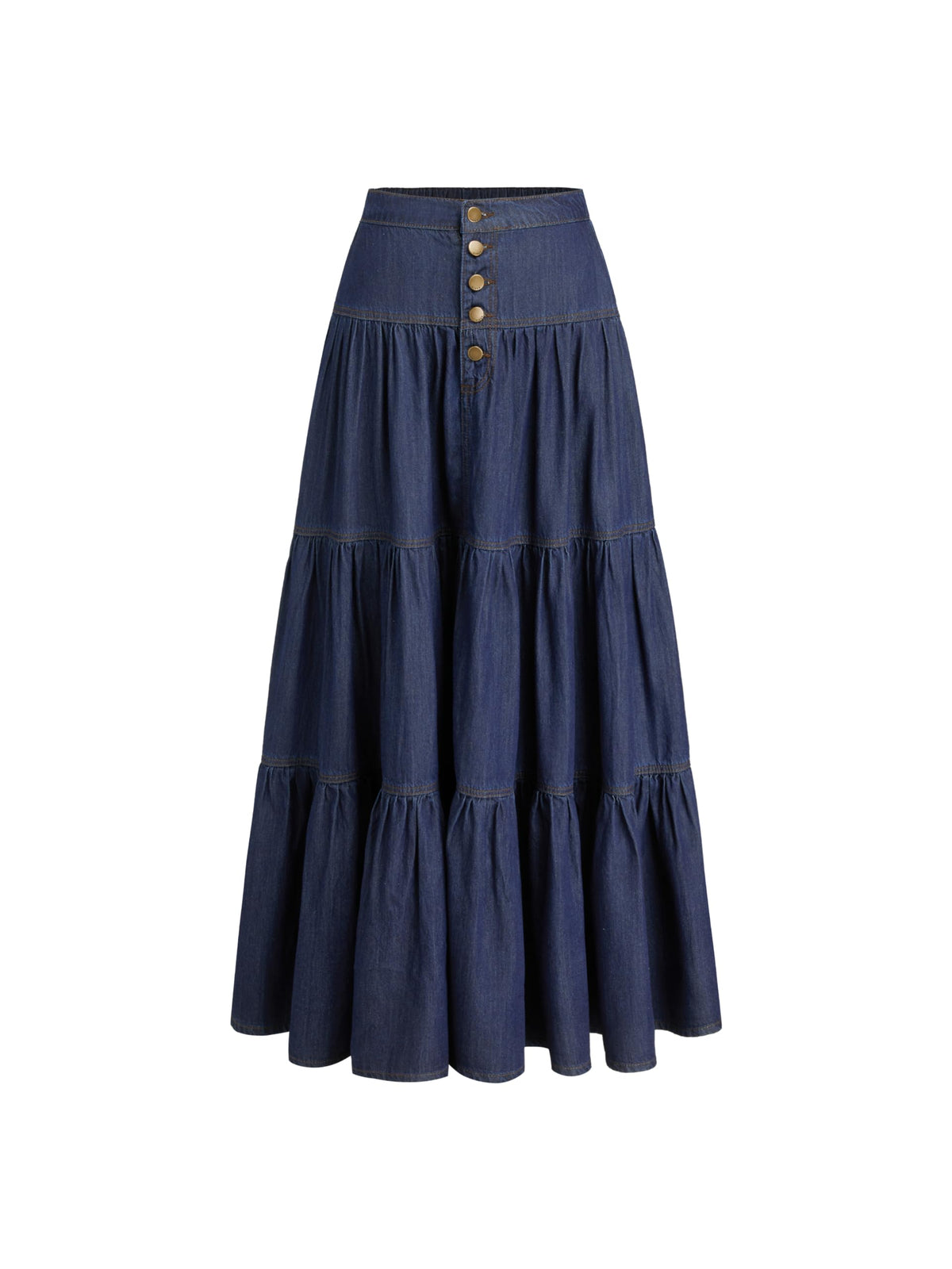 CIDER Womens Long Jean Denim Tiered Button Down High Waist Maxi Skirts