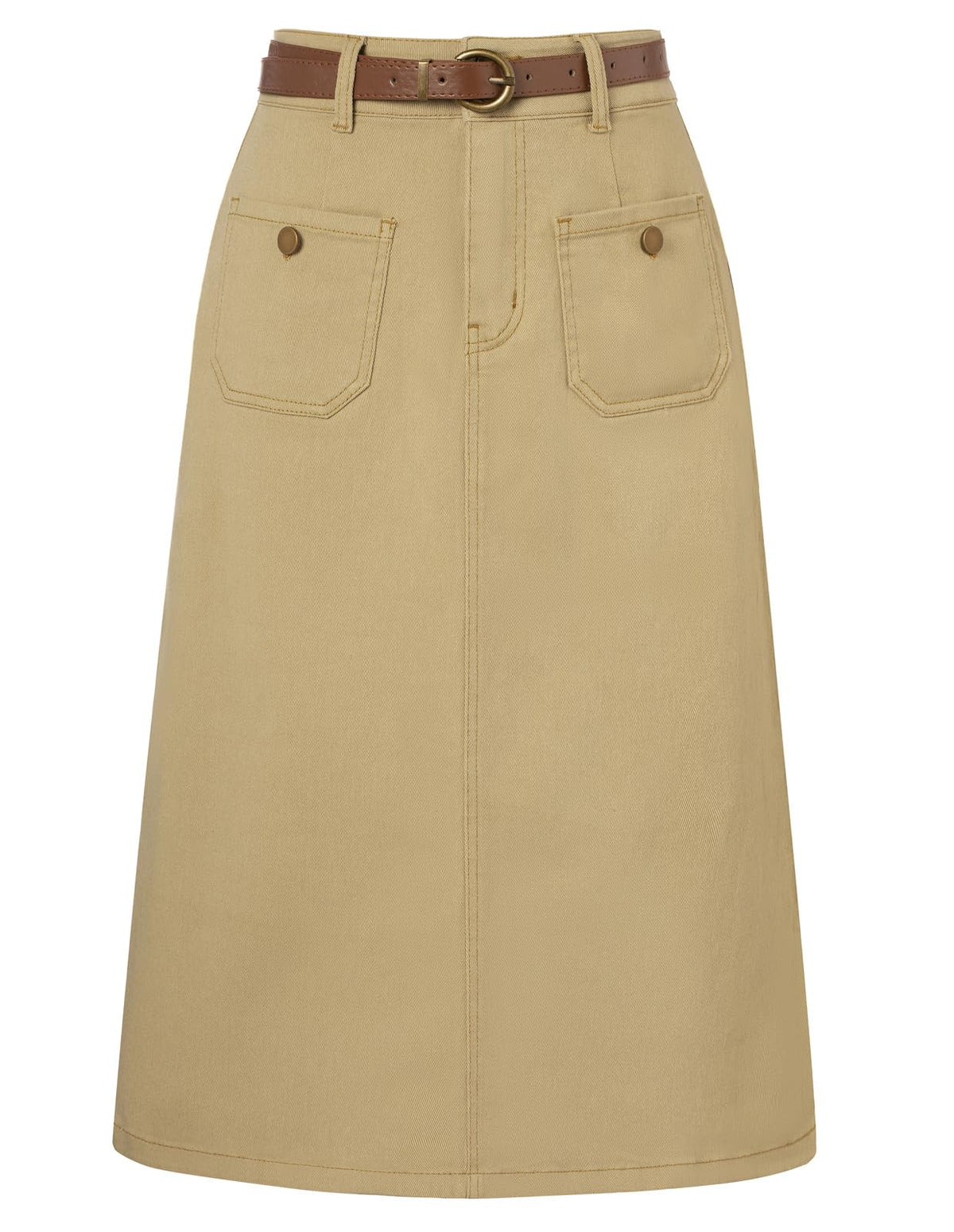 Belle Poque Denim Skirt with Belt Below Knee Length High Waisted Jean Skirts for Women