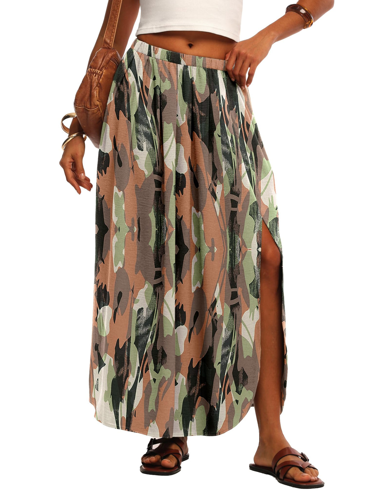 HiMONE Womens Maxi Skirt High Waisted Flowy A Line with Side Slit