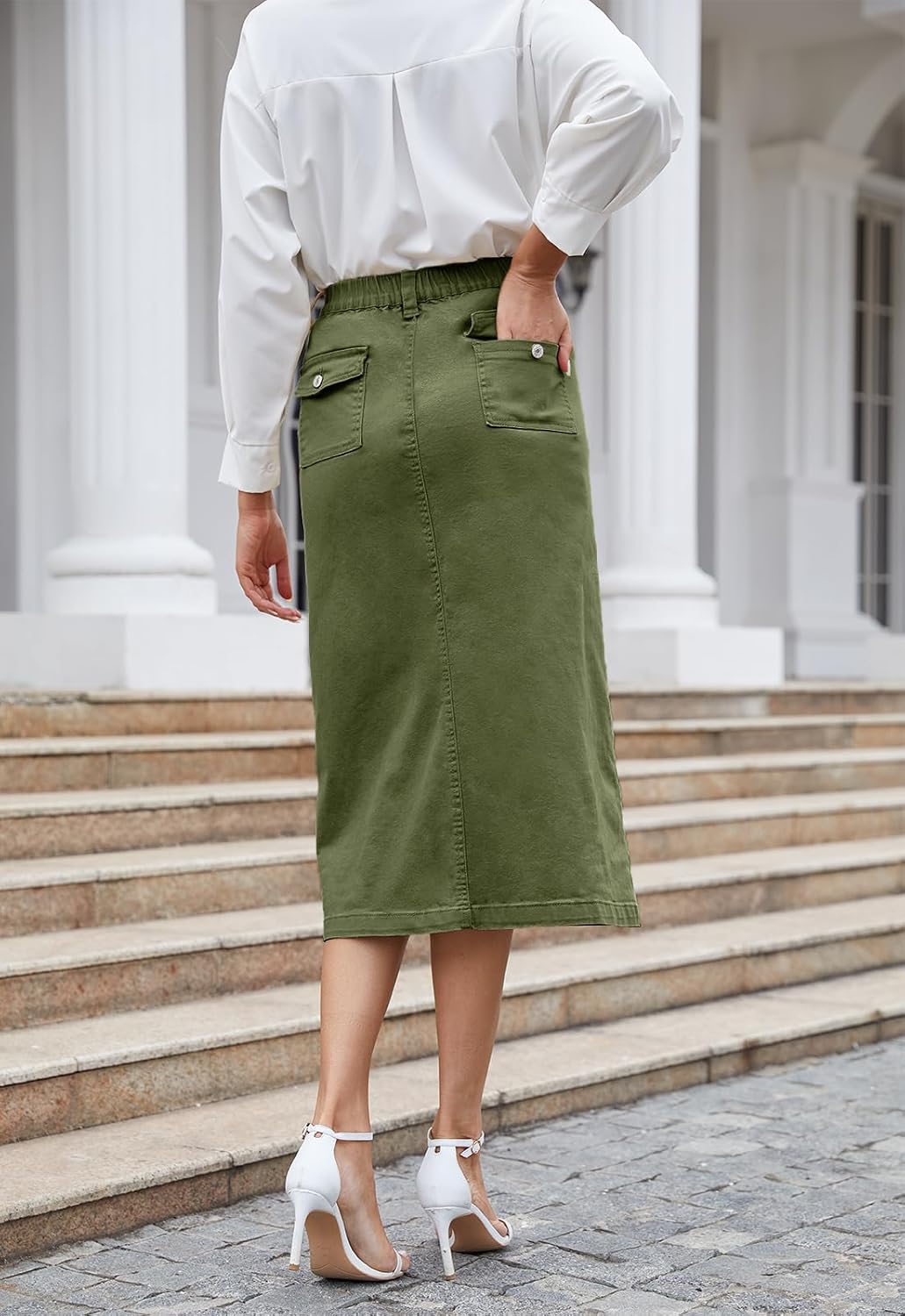 HERBATOMIA Women's Cargo Midi Skirt High Elastic Waist Front Slit Vintage Style Trendy Long Solid Skirts for Women