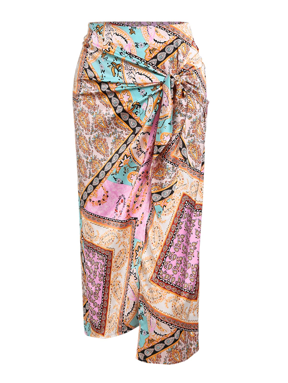 ZAFUL Women's Boho Skirt Asymmetrical Skirts Tied Floral Paisley Printed High Waist Ruched Skirts for Women