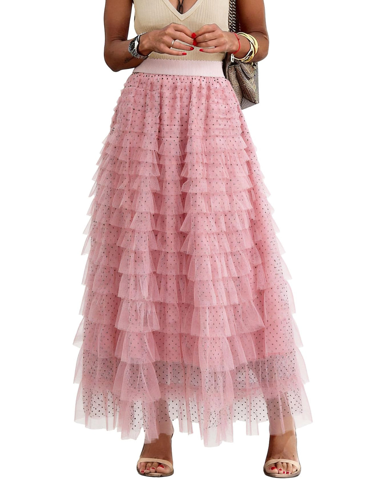 Flygo Women Long Maxi Tiered Tulle Skirts A Line Ruffle Layered Fairy Skirt