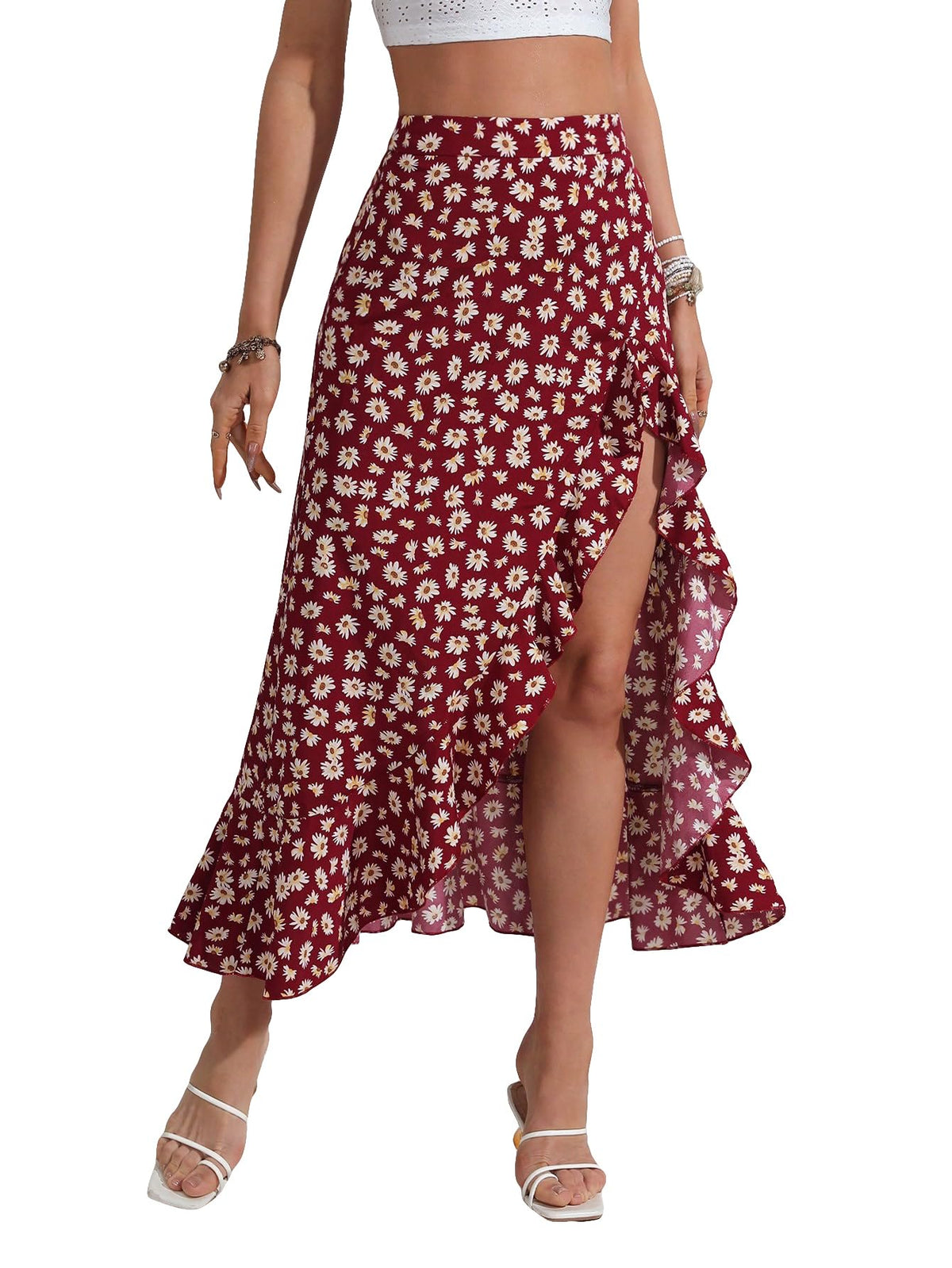 MakeMeChic Women's Boho Floral Skirt Slit Flowy Midi Skirt