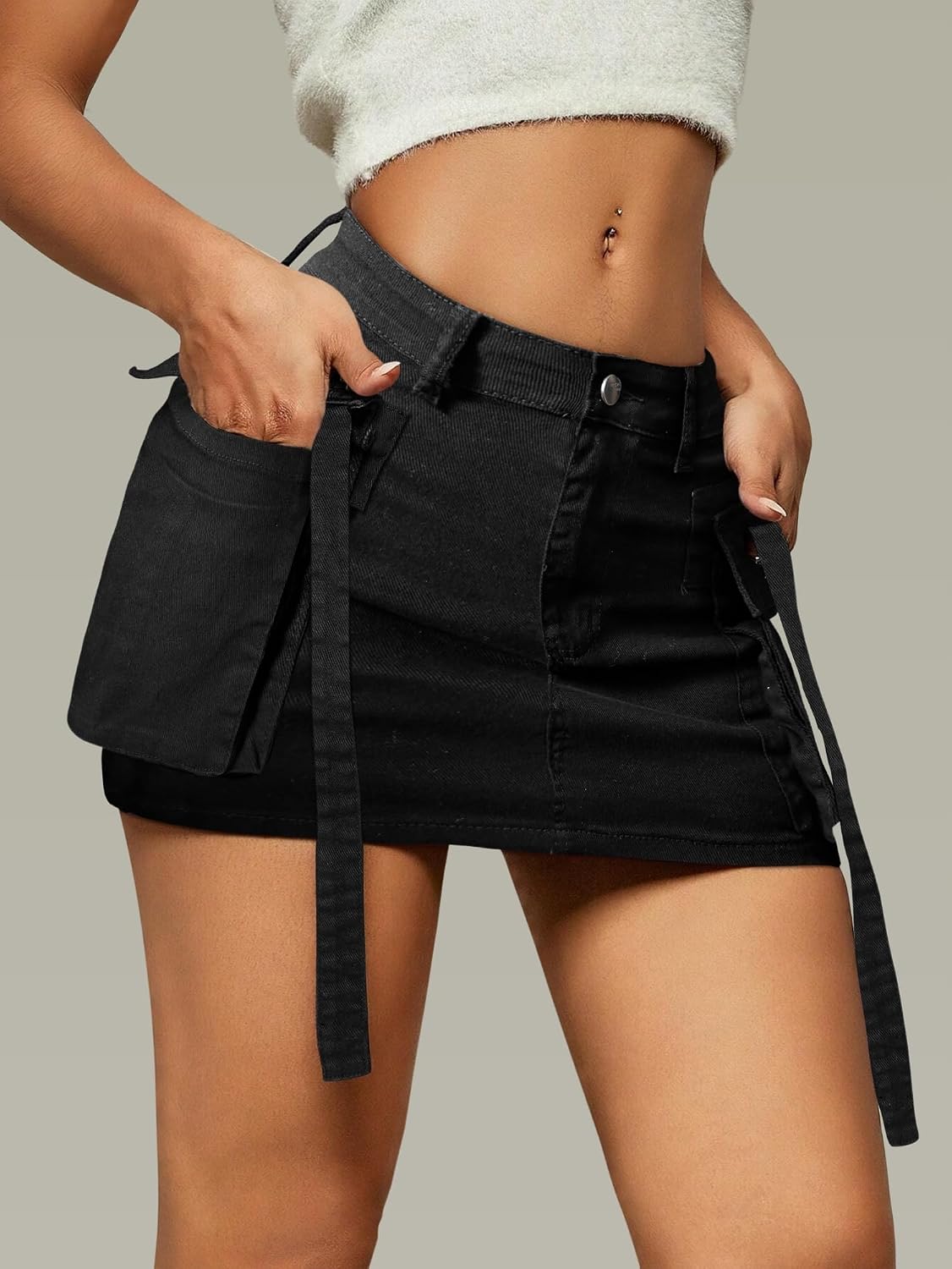 LOLILRSD Women Cargo Skirt Denim Mini Low Waist Y2K Jean Skirt with Pockets