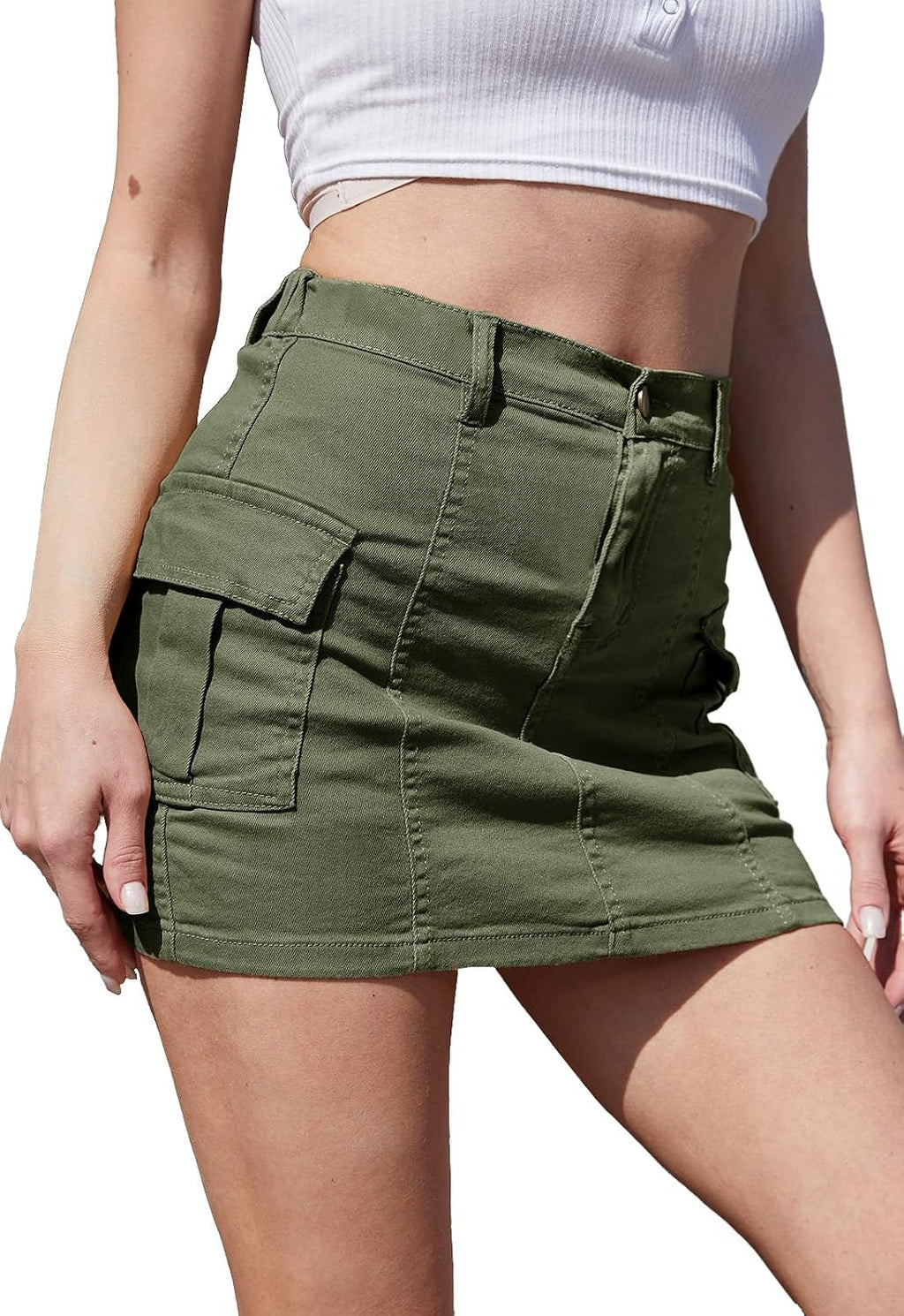 HERBATOMIA Women’s Cargo Mini Skirt Y2k Bodycon Button Stretchy Low Waist Solid Sexy Short Skirts for Women with Flap Pocket