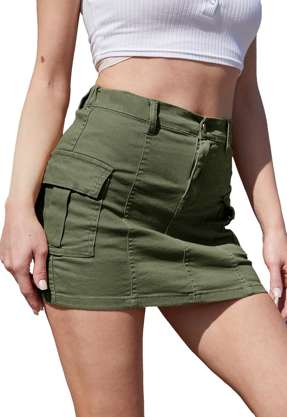 HERBATOMIA Women’s Cargo Mini Skirt Y2k Bodycon Button Stretchy Low Waist Solid Sexy Short Skirts for Women with Flap Pocket
