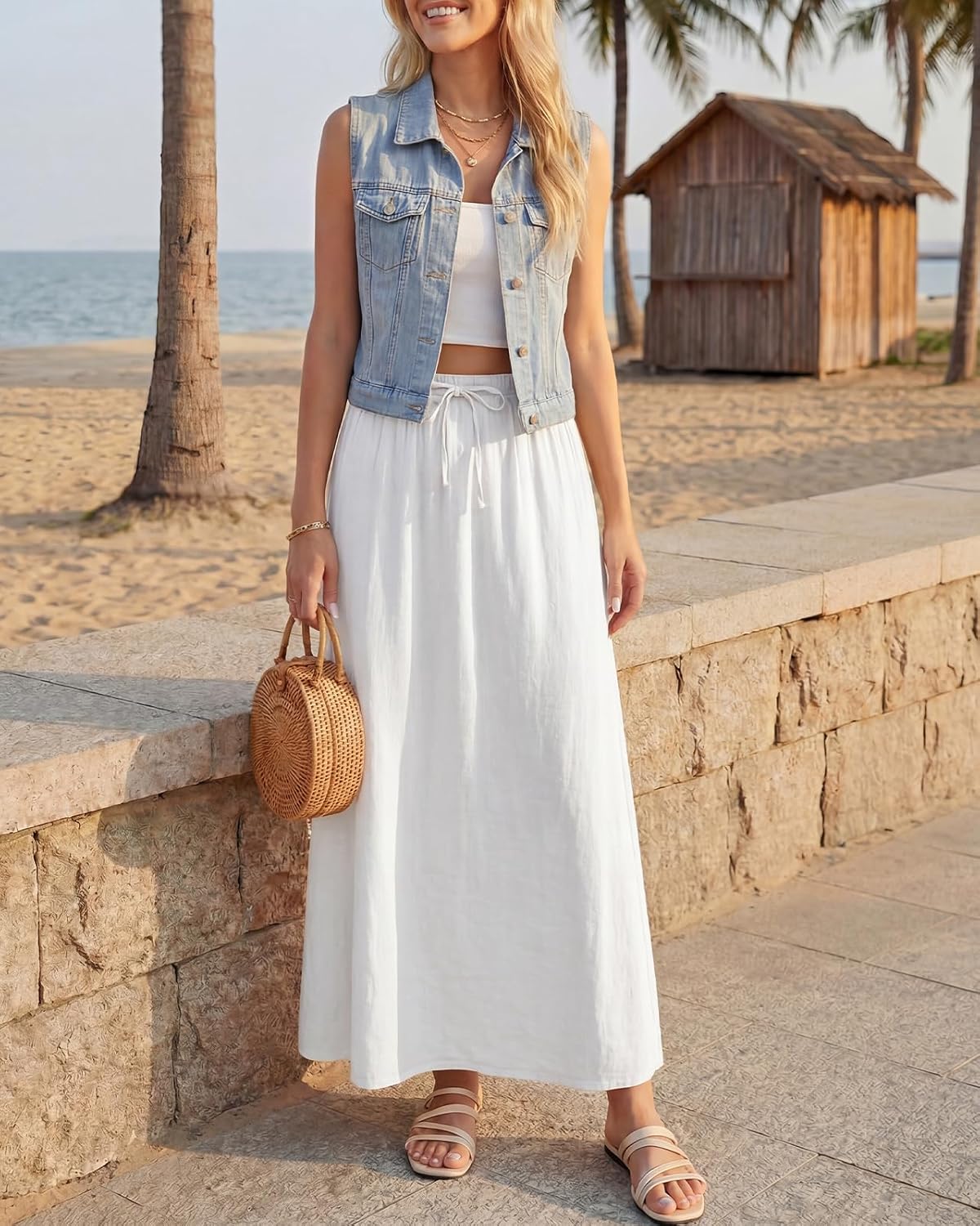 Women's Linen Maxi Skirt Back Slit High Waisted White Long Skirts