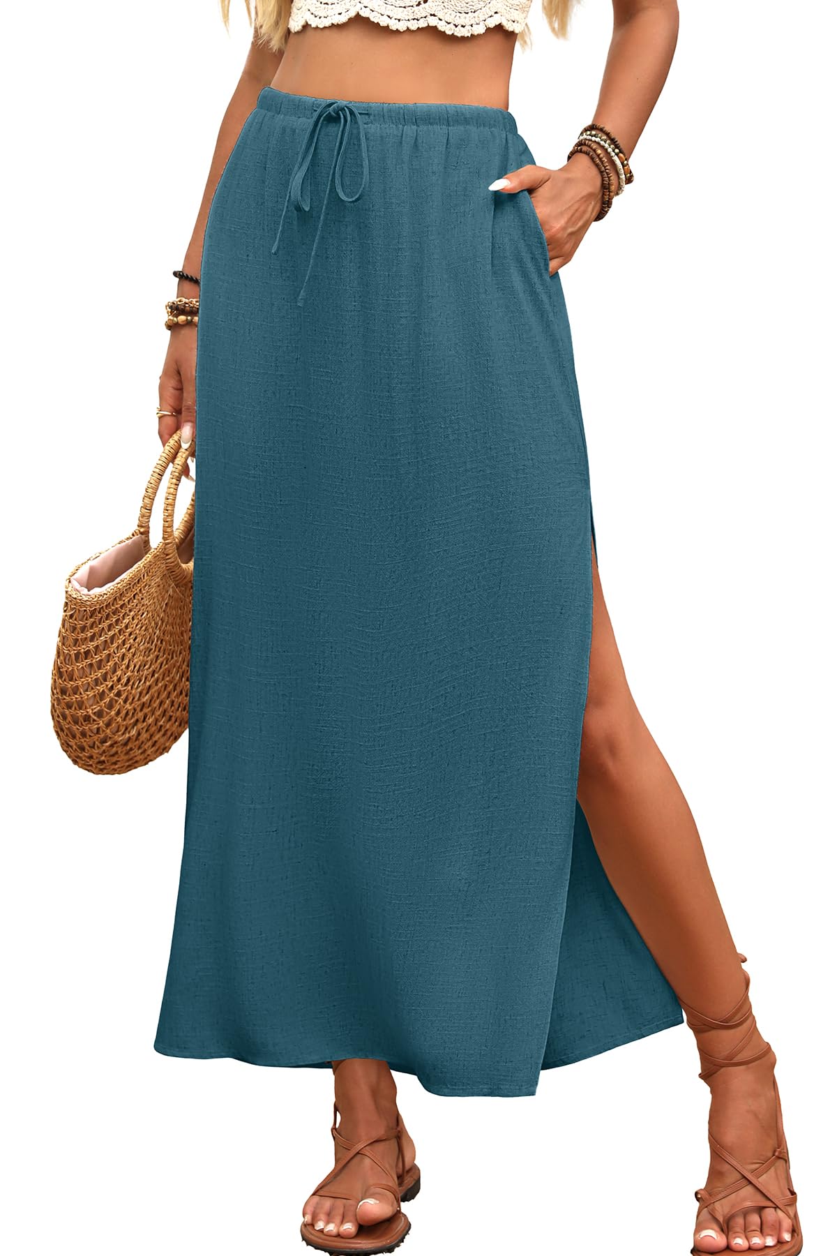 ELLEVEN Linen Straight Maxi Skirt with Side Slit-Long Flowy Skirt & Pocket