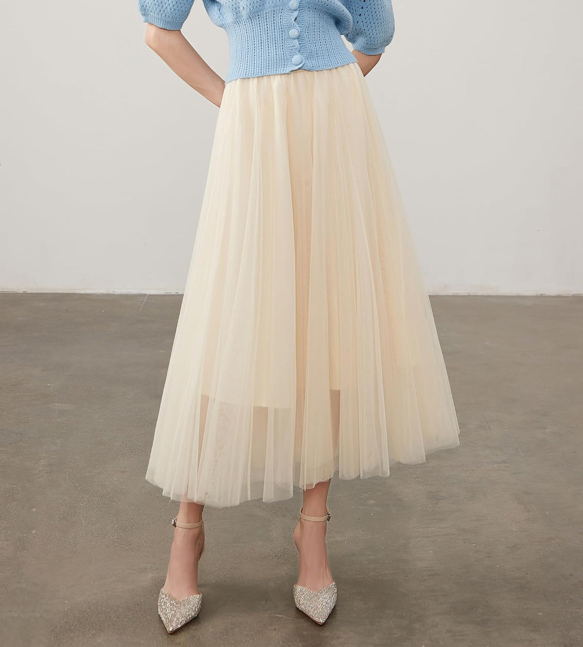 Women’s Tulle Skirts Midi Elastic High Waist Pleated Mesh Flowy A-Line Party Long Tutu Skirts…