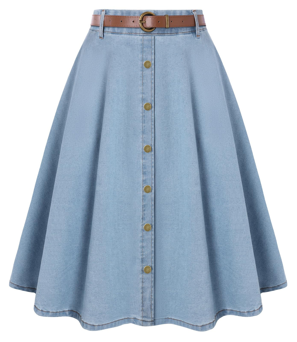 Belle Poque Women's Denim Skirts Vintage Below Knee Length High Waist A-Line Jean Skirts with Pockets