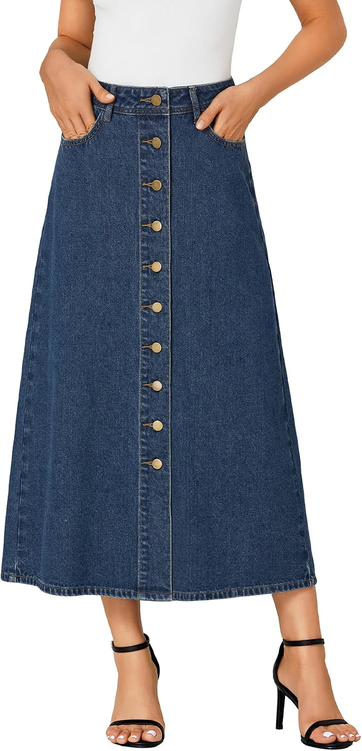 Vrtige Women's High Waisted Long Denim Skirt