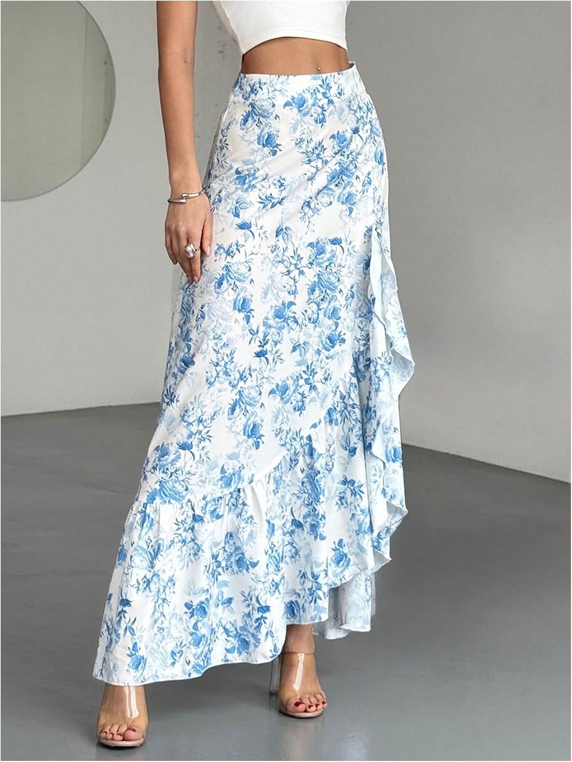 Floerns Women's Floral Maxi Skirts High Waisted Slit Tiered Ruffle Hem Long Skirts