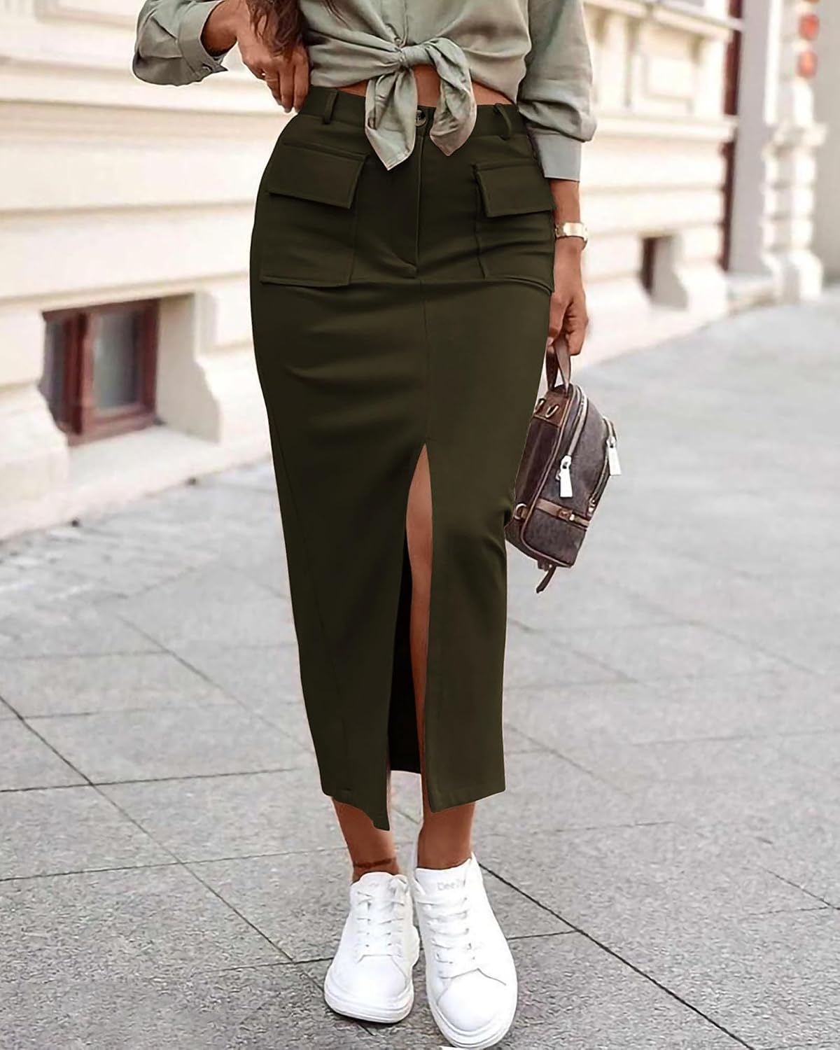 KIRUNDO Womens High Waist Cargo Midi Pencil Skirt