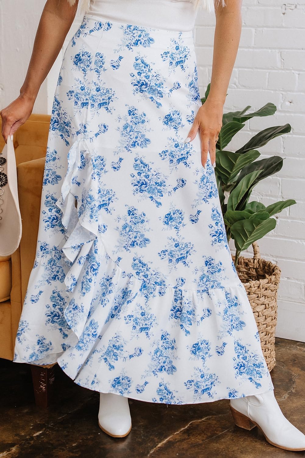 Pinclodly Floral Skirts for Women 2026 Casual High Waisted Wrap Beach Boho Skirt Summer Flowy Ruffle Maxi Skirt with Slit