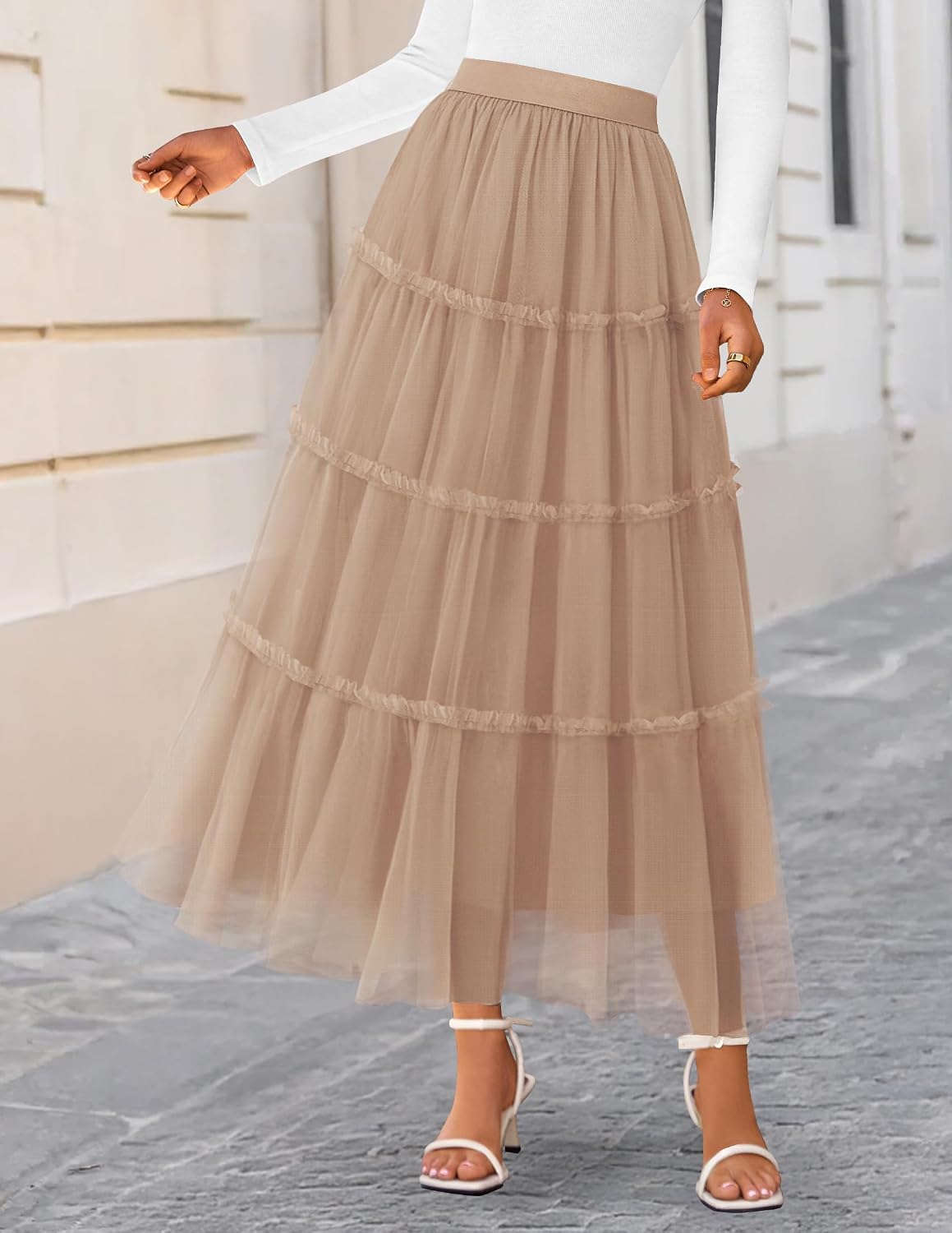 ZESICA Women's Tulle A-Line Flowy Ruffle Tiered Fall Trendy Maxi Skirts