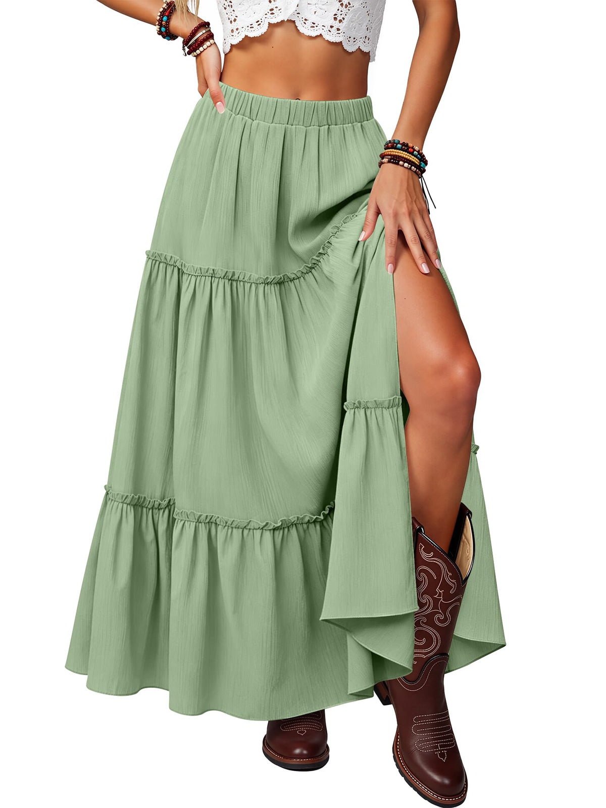 Maxi Skirts for Women 2026 Summer Side Slit Tiered Trendy Pleated Ruffle Flowy Boho Long Skirt with Pockets