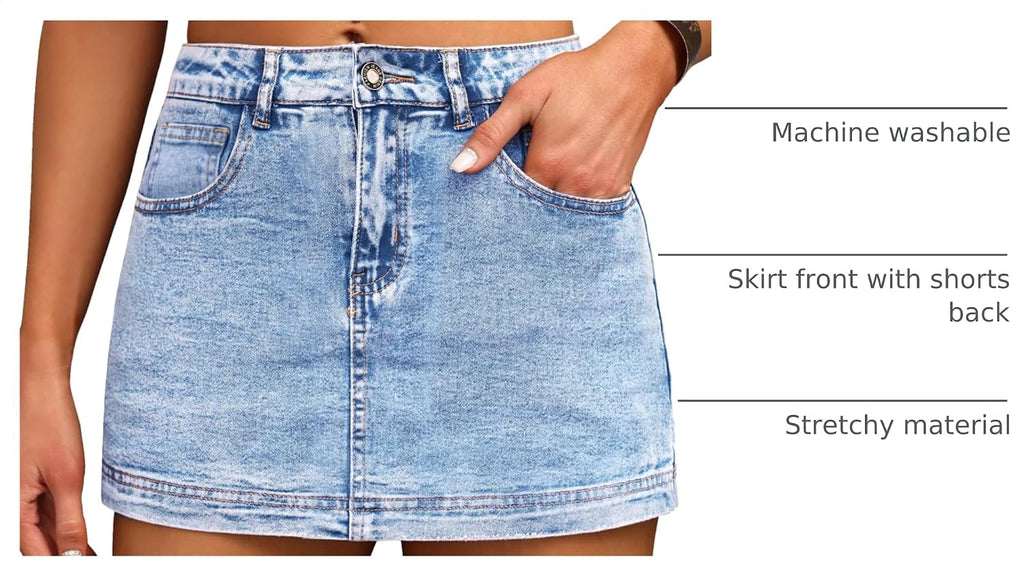 Denim Skort High Waist Denim Skirt Stretch Jean Skirt for Women With Pocket