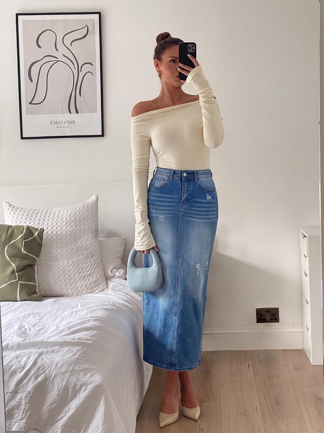 Women's High Waisted Long Denim Skirt with Back Slit Distressed Holes Stretch Whisker Wash
