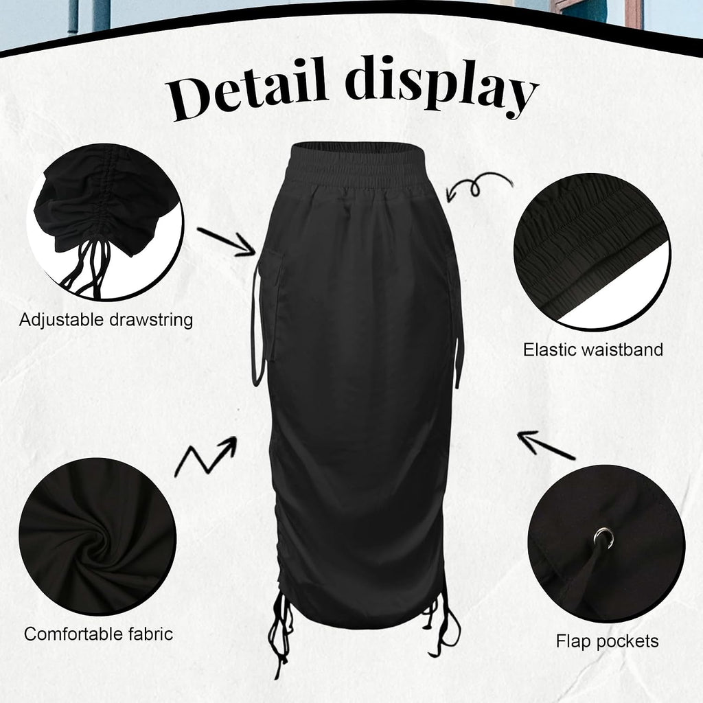Voghtic Women’s Cargo Drawstring Ruched High Waist Pencil Long Skirt