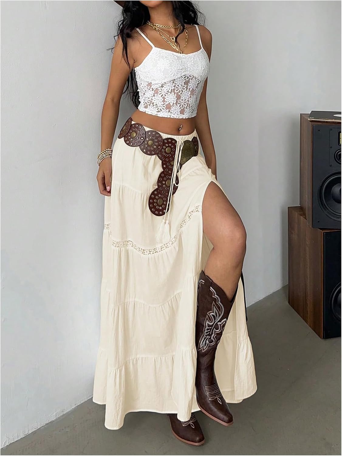 Verdusa Women's Long Maxi Skirts Boho Western Country Cncert Outfits Lace Skirt Split Layered Ruffle Skirt