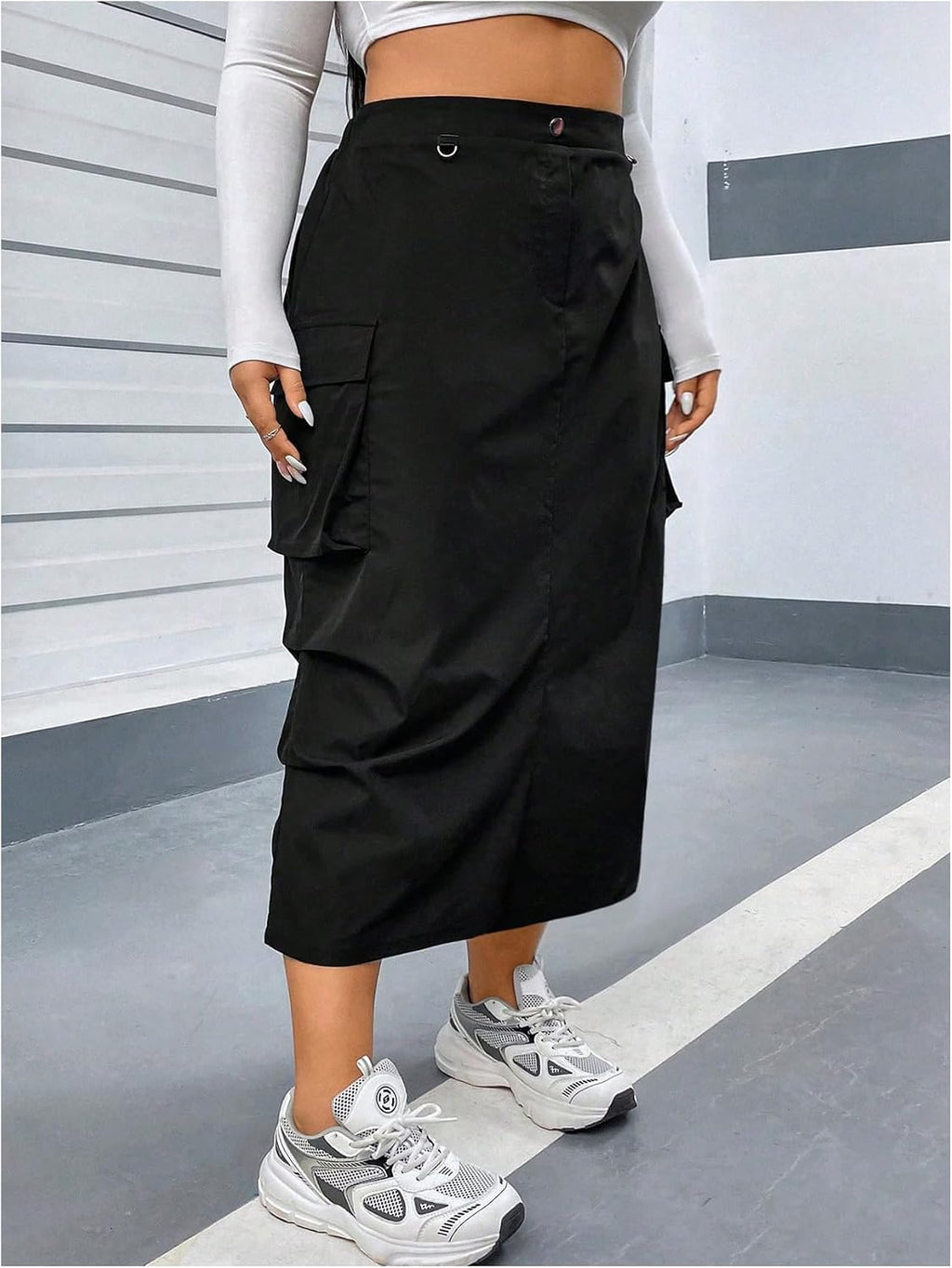 OYOANGLE Women's Plus Size Elastic High Waist Cargo Midi Skirts