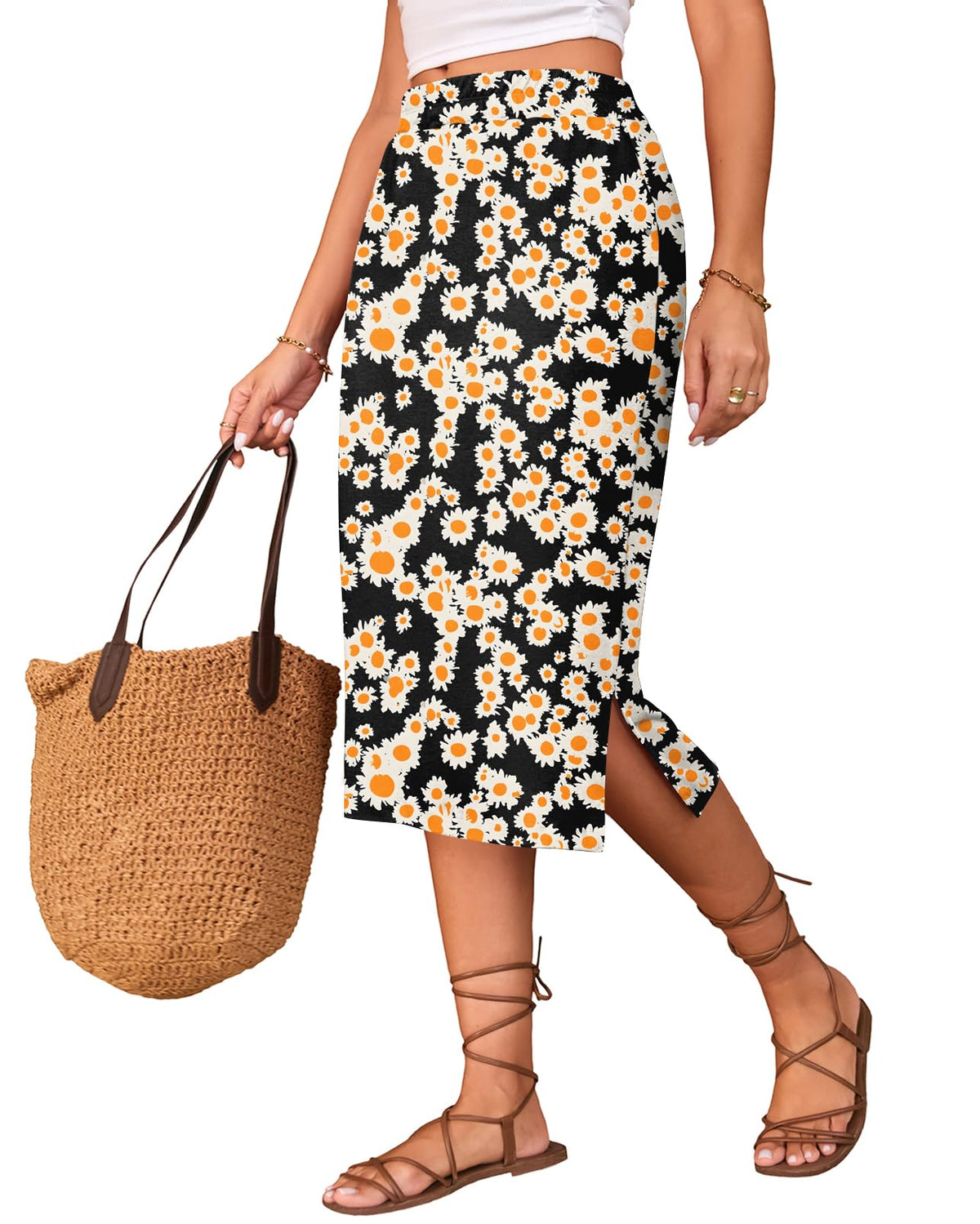 Naggoo Midi Skirts for Women Summer Elastic High Waisted Side Slit Long Skirts