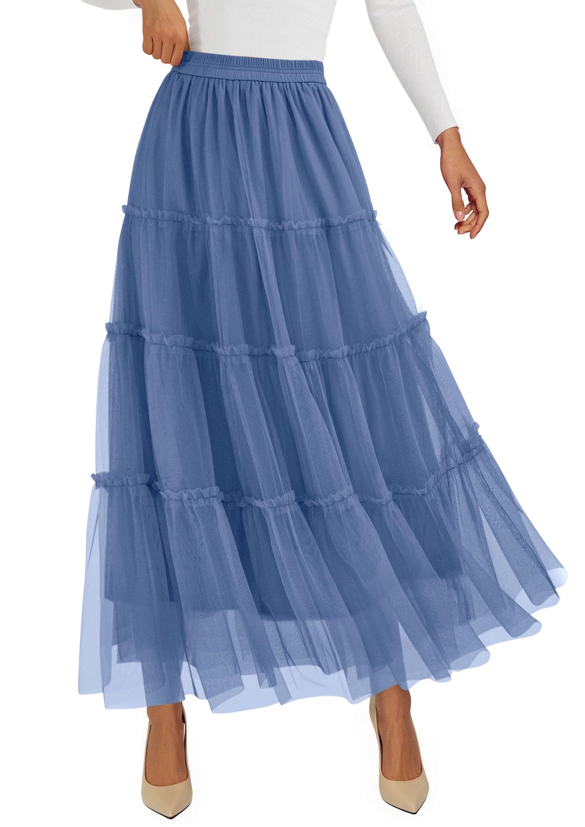 PRETTYGARDEN Women's Fall Soft Tulle Tiered Long Skirt