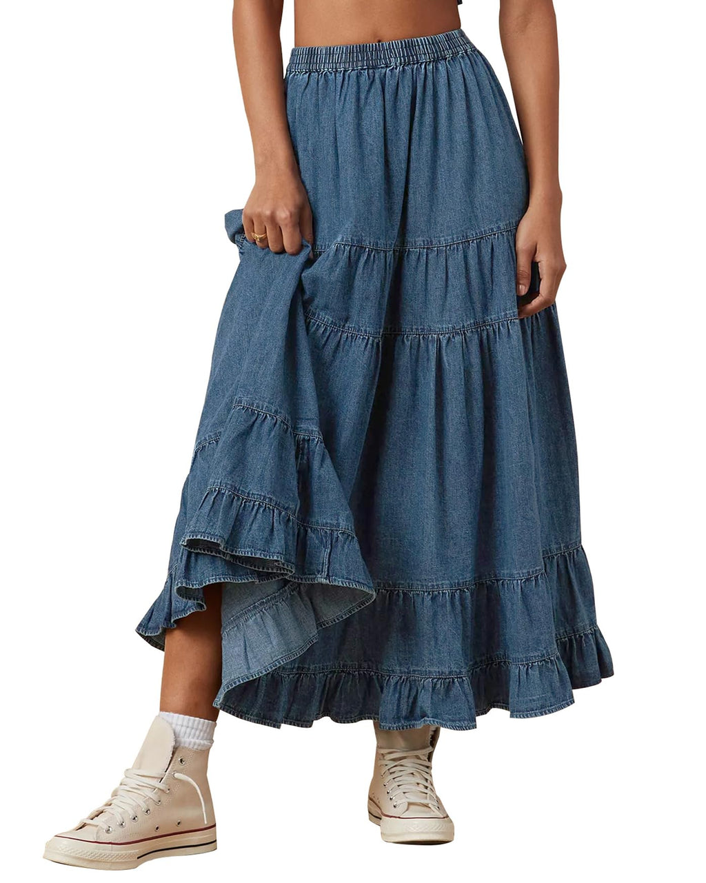 Women's Denim Maxi Skirt Tiered Ruffle Swing Jean Skirts with Pockets