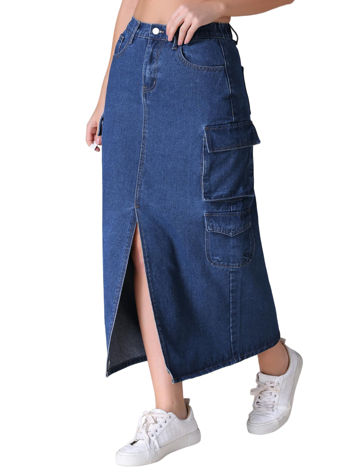 Women's Cargo Long Denim Skirt with Slit