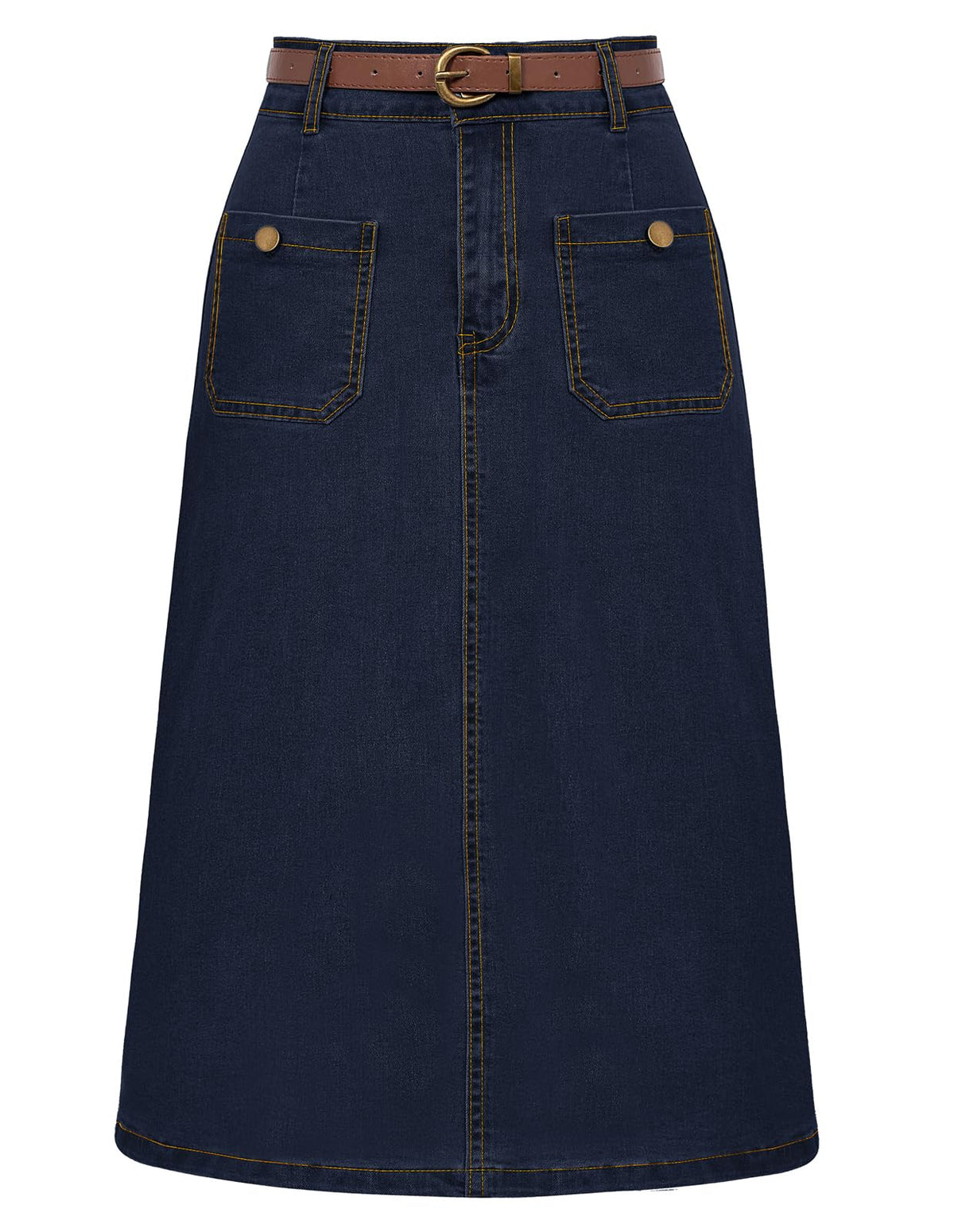 Belle Poque Denim Skirt with Belt Below Knee Length High Waisted Jean Skirts for Women
