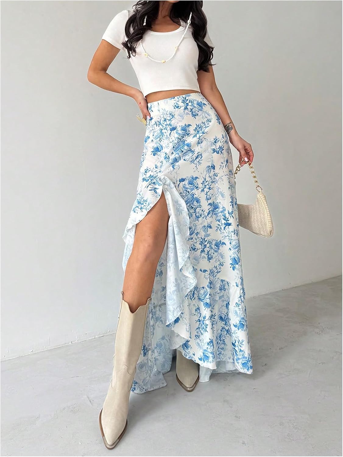 Floerns Women's Floral Maxi Skirts High Waisted Slit Tiered Ruffle Hem Long Skirts