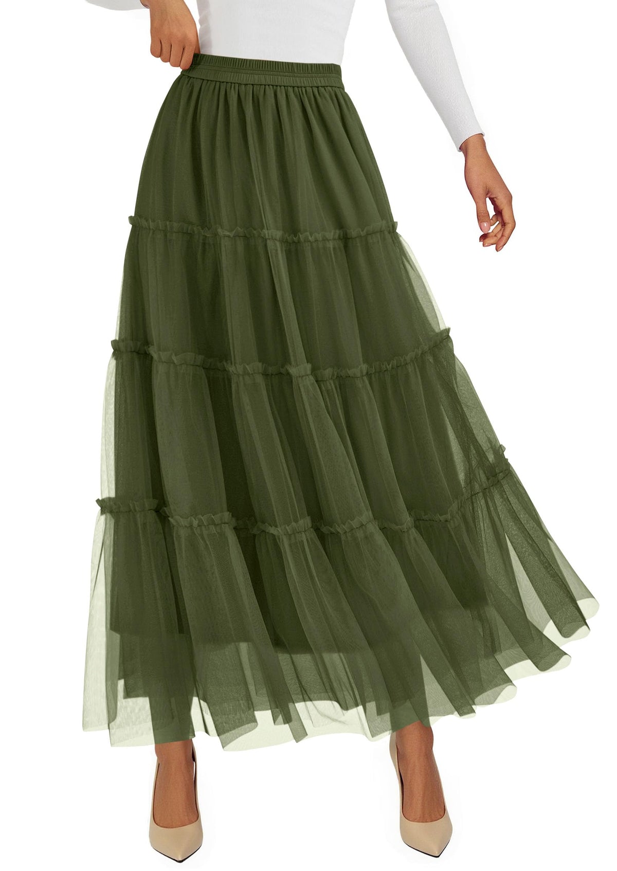 PRETTYGARDEN Women's Fall Soft Tulle Tiered Long Skirt