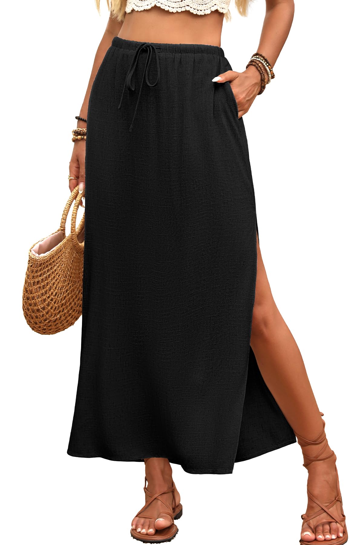 ELLEVEN Linen Straight Maxi Skirt with Side Slit-Long Flowy Skirt & Pocket