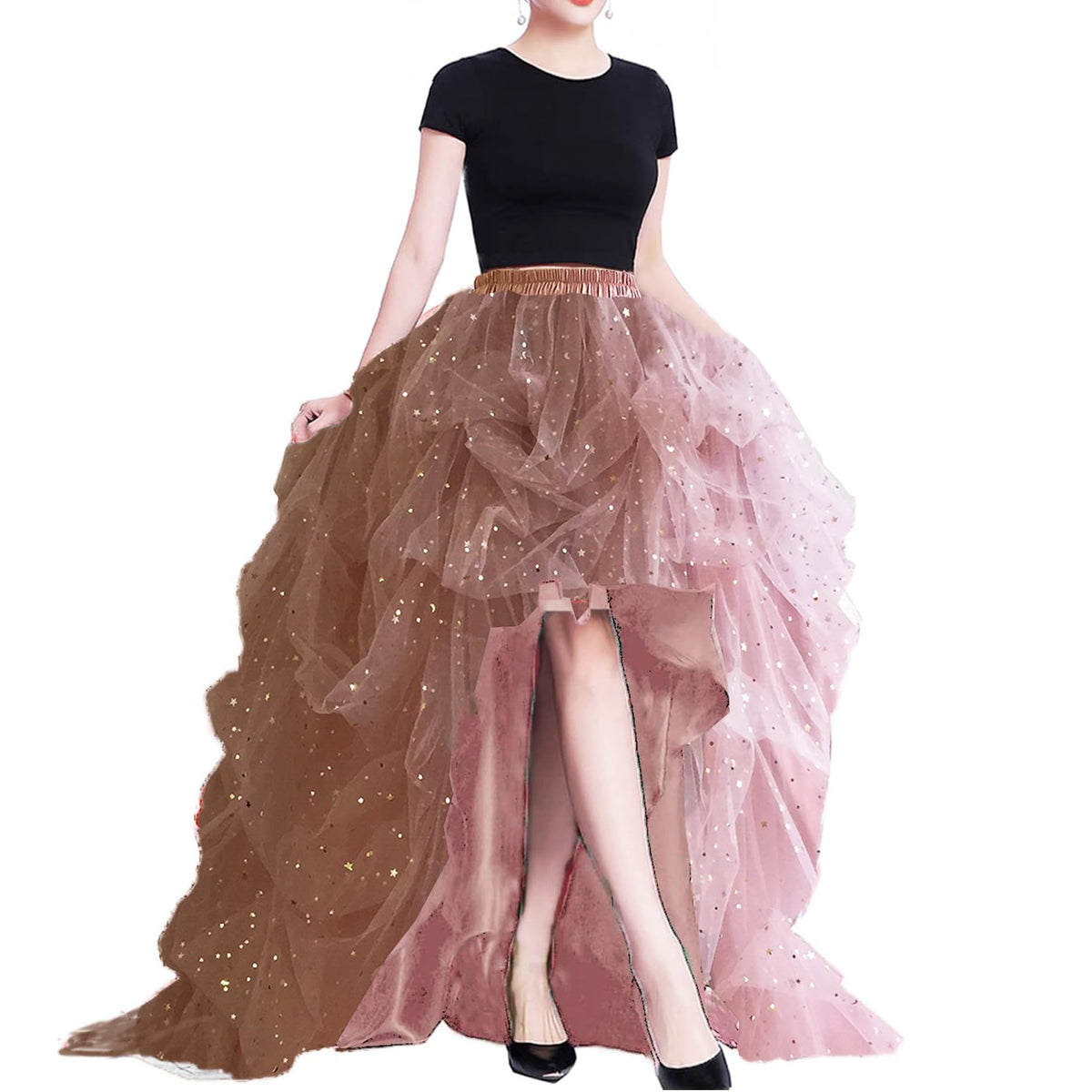 Lisong Women High Waist High Low Layered Tulle Floor Length Spectial Occasion Skirt