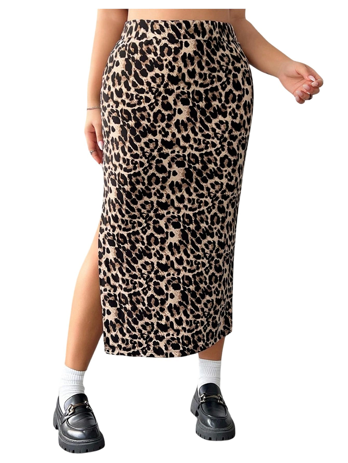 WDIRARA Women's Plus Size Checkered Split Midi High Waist Pencil Skirt