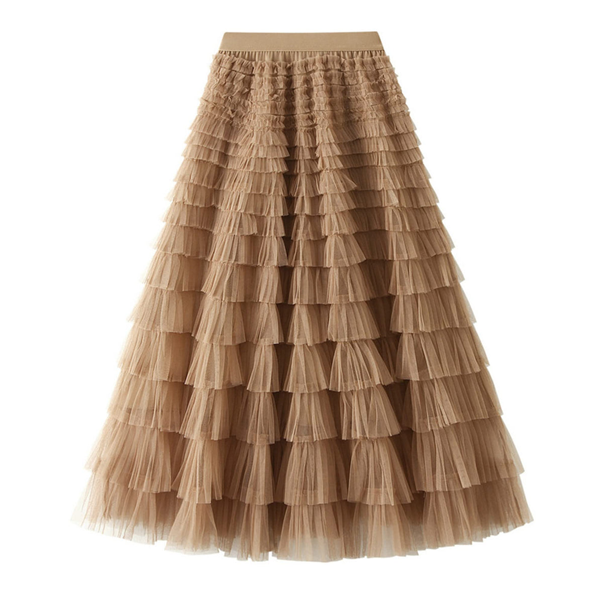Dirholl Women's A-Line Fairy Patterned Elastic Waist Ruffle Tulle Layered Midi Skirt