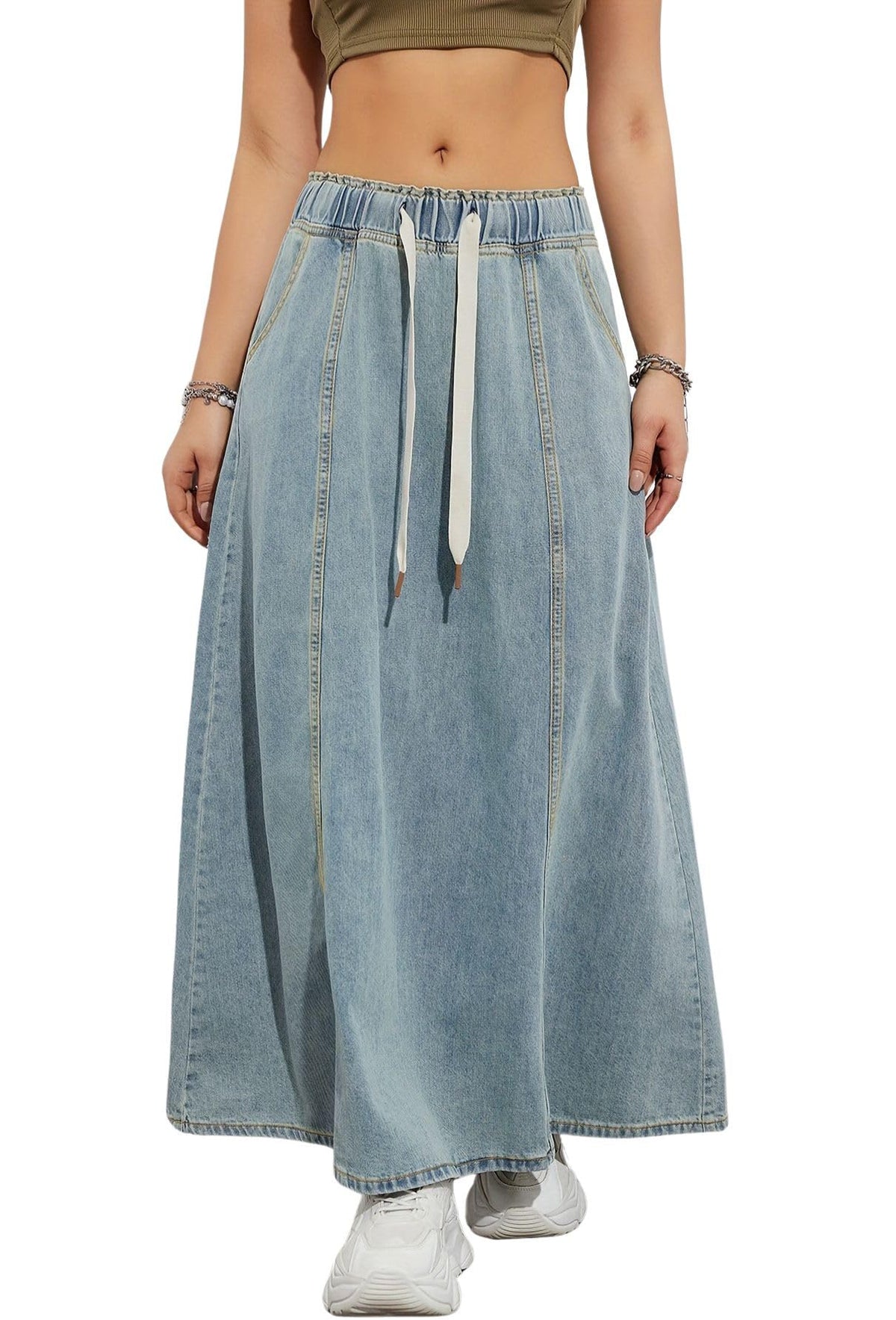 chouyatou Women's Casual Paperbag Elastic High Waist A Line Long Maxi Flare Denim Skirt