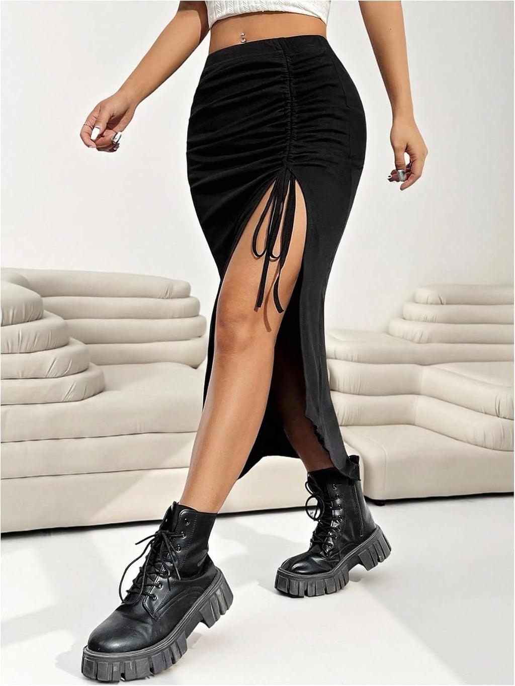 WDIRARA Women's Plus Size Checkered Split Midi High Waist Pencil Skirt